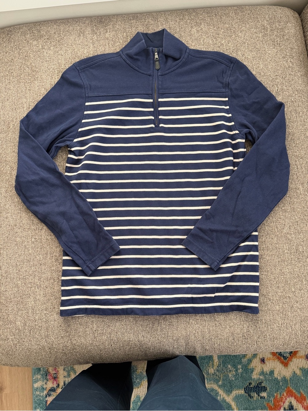 Banana Republic Navy and White Striped Half-Zip Long Sleeve Shirt